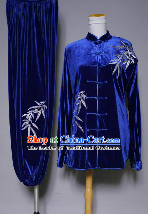Asian Chinese Top Grade Velvet Kung Fu Costume Martial Arts Tai Chi Training Suit, China Gongfu Shaolin Wushu Embroidery Bamboo leaves Blue Uniform for Women