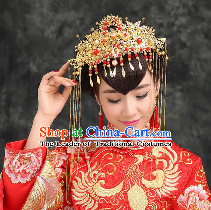 Traditional Handmade Chinese Ancient Classical Hair Accessories, Step Shake Phoenix Coronet, Bride Hair Fascinators Hairpins for Women