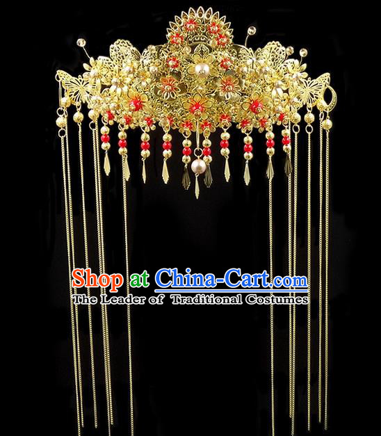 Traditional Handmade Chinese Ancient Classical Hair Accessories, Tassel Step Shake Phoenix Coronet, Bride Hair Fascinators Hairpins for Women