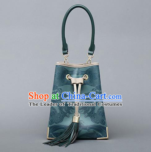 Traditional Handmade Asian Chinese Element Clutch Bucket Bags Shoulder Bag Printing National Green Handbag for Women