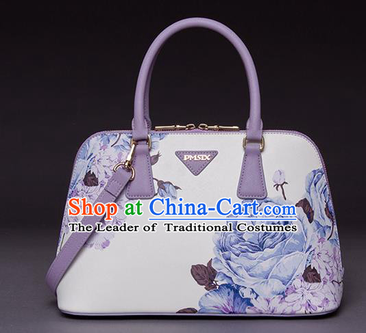 Traditional Handmade Asian Chinese Element Printing Peony Shoulder Bags National White Handbag for Women