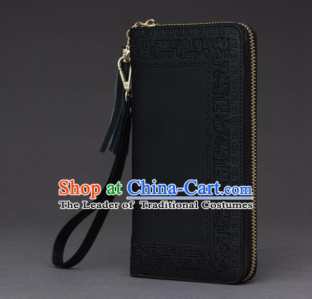 Traditional Handmade Asian Chinese Element Embroidery Wallet National Handbag Black Purse for Women