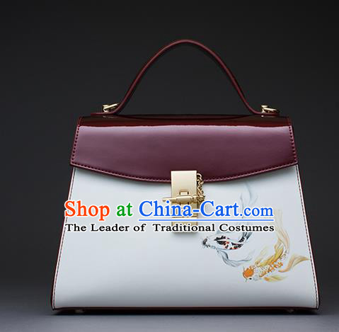 Traditional Handmade Asian Chinese Element Patent Leather Clutch Bags Shoulder Bag National Printing Fish Red Handbag for Women