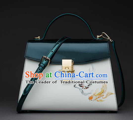 Traditional Handmade Asian Chinese Element Patent Leather Clutch Bags Shoulder Bag National Printing Fish Green Handbag for Women