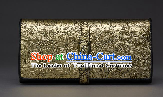 Traditional Handmade Asian Chinese Element Knurling Wallet National Handbag Relief Golden Purse for Women