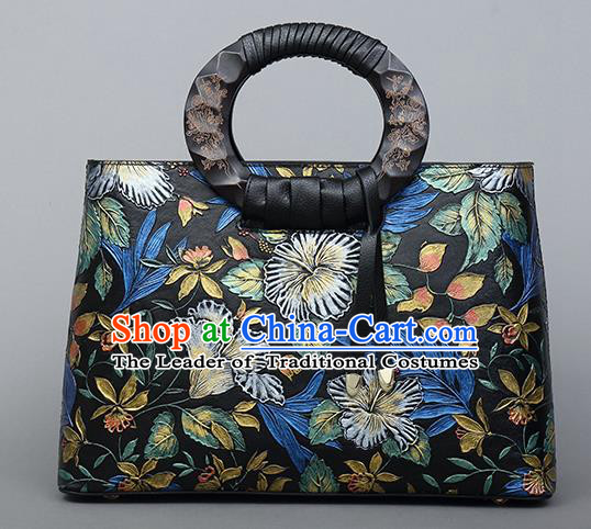 Traditional Handmade Asian Chinese Element Clutch Bags Shoulder Bag National Printing Flowers Evening Dress Leather Handbag for Women