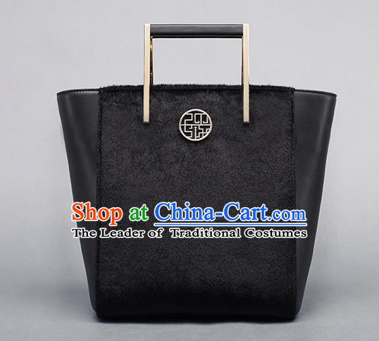 Traditional Handmade Asian Chinese Element Clutch Bags Shoulder Bag National Black Leather Handbag for Women