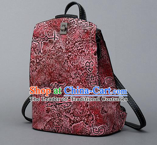 Traditional Handmade Asian Chinese Element Clutch Bags Backpack National Bronze Pattern Red Leather Handbag for Women