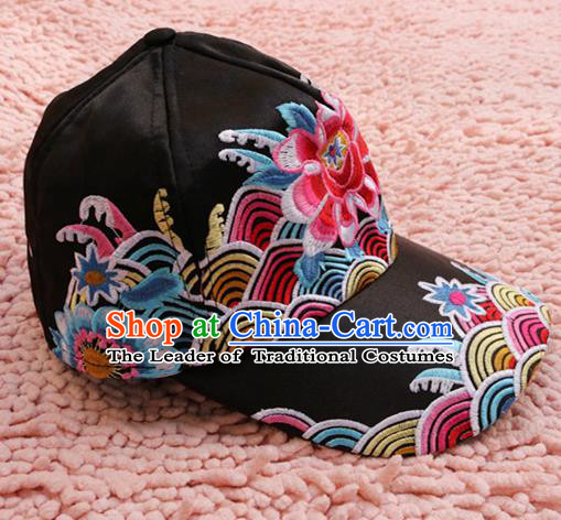 Traditional Handmade Chinese National Embroidery Headwear Miao Nationality Black Cap for Women