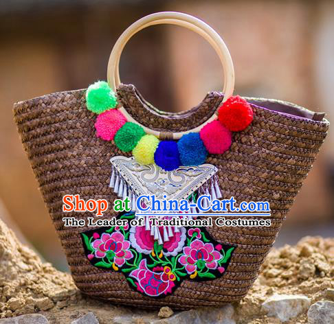 Traditional Handmade Chinese National Straw Plaited Article Bags Embroidery Miao Nationality Sliver Handbag