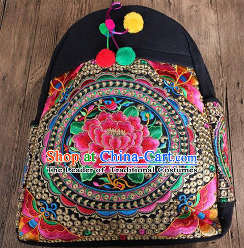 Traditional Handmade Chinese National Shoulders Bag Miao Nationality Embroidery Flowers Backpack Bags for Women