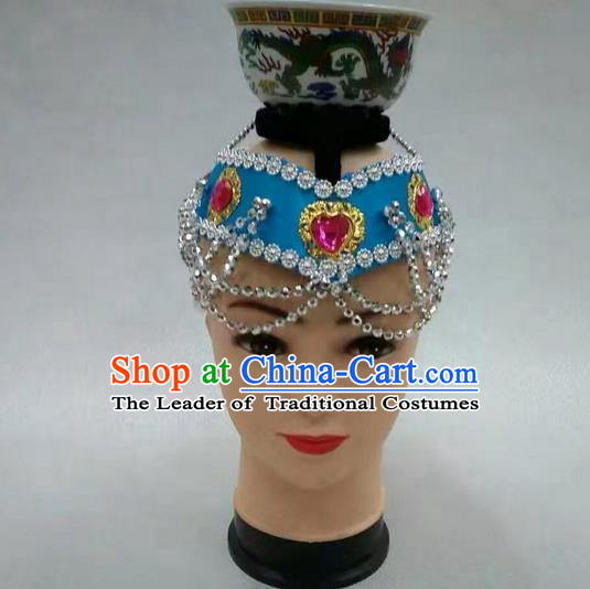 Traditional Handmade Chinese Mongol Nationality Dance Blue Hair Accessories Headwear, China Mongols Mongolian Minority Nationality Bride Headpiece for Women