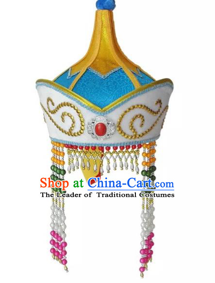 Traditional Handmade Chinese Mongol Nationality Dance Princess Hair Accessories Blue Hat, China Mongols Mongolian Minority Nationality Bride Headpiece for Women