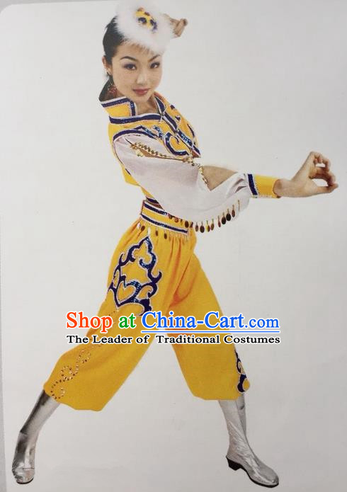 Traditional Chinese Mongol Nationality Dance Costume, China Mongolian Minority Nationality Yellow Clothing for Women