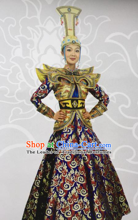 Traditional Chinese Mongol Nationality Dance Costume Celebration Mongolian Robe, China Mongolian Minority Nationality Princess Dress Clothing for Women