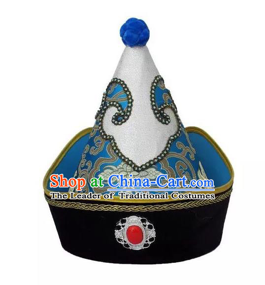 Traditional Handmade Chinese Mongol Nationality Dance Blue Headwear Prince Hat, China Mongolian Minority Nationality Royal Highness Headpiece for Men