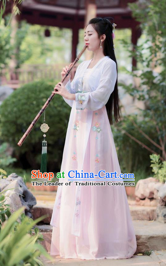 Traditional Ancient Chinese Costume Tang Dynasty Embroidery Slant Opening White Blouse and Skirt, Elegant Hanfu Clothing Chinese Princess Dress Clothing for Women