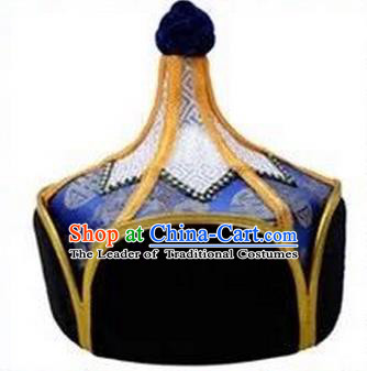 Traditional Handmade Chinese Mongol Nationality Dance Headwear Royal Highness Deep Blue Hat, China Mongolian Minority Nationality Children Bridegroom Headpiece for Kids