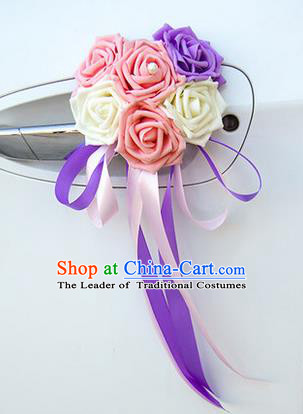 Top Grade Wedding Accessories Decoration, China Style Wedding Car Ornament Six Flowers Bride Pink White and Purple Rose Ribbon Garlands