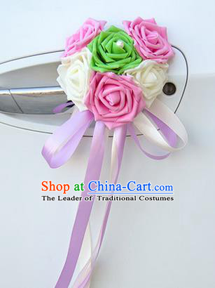 Top Grade Wedding Accessories Decoration, China Style Wedding Car Ornament Six Flowers Bride Pink and White Rose Ribbon Garlands