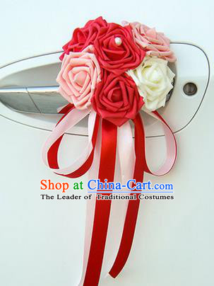 Top Grade Wedding Accessories Decoration, China Style Wedding Car Ornament Six Flowers Bride Red and Pink Rose Ribbon Garlands