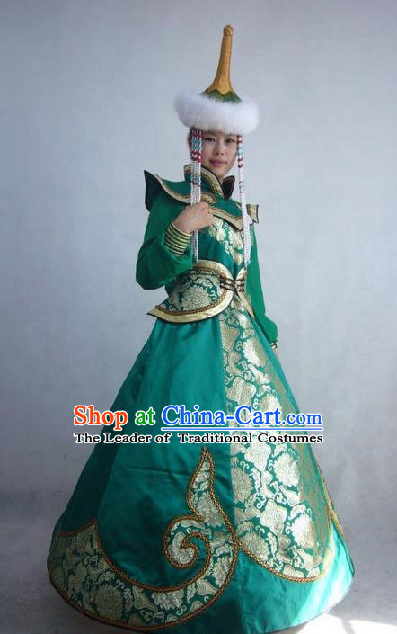 Traditional Chinese Mongol Nationality Dance Costume Handmade Queen Mongolian Robe, China Mongolian Minority Nationality Bride Wedding Dress Clothing for Women