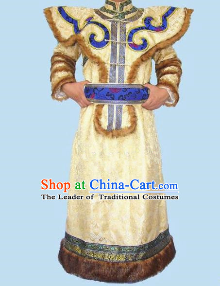 Traditional Chinese Mongol Nationality Dance Costume Handmade Yellow Mongolian Robe, China Mongolian Minority Nationality Bridegroom Clothing for Men