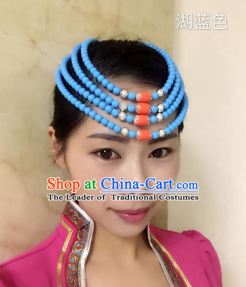 Traditional Handmade Chinese Mongol Nationality Handmade Blue Beads Headband, China Mongols Mongolian Minority Nationality Wedding Bride Headwear Headpiece for Women