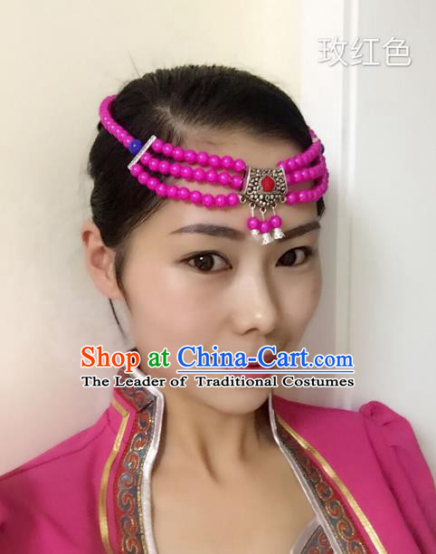Traditional Handmade Chinese Mongol Nationality Handmade Rosy Beads Headband, China Mongols Mongolian Minority Nationality Wedding Sliver Headwear Headpiece for Women