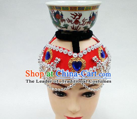 Traditional Handmade Chinese Mongol Nationality Handmade Red Hair Accessories, China Mongols Mongolian Minority Nationality Headband Headwear for Women