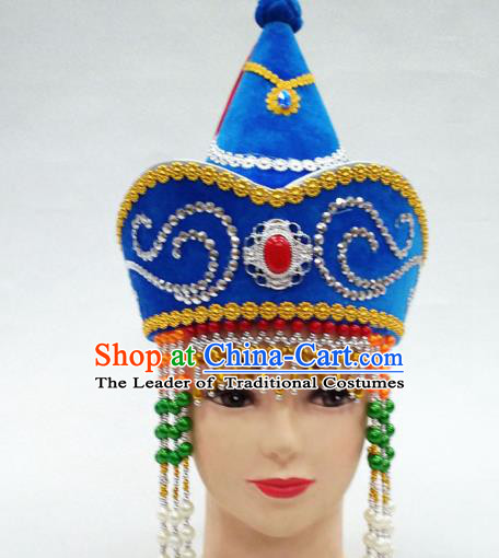 Traditional Handmade Chinese Mongol Nationality Handmade Princess Tassel Blue Hat Hair Accessories, China Mongols Mongolian Minority Nationality Wedding Headwear for Women