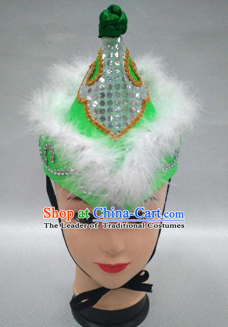 Traditional Handmade Chinese Mongol Nationality Handmade Princess Green Hat Hair Accessories, China Mongols Mongolian Minority Nationality Headwear for Women
