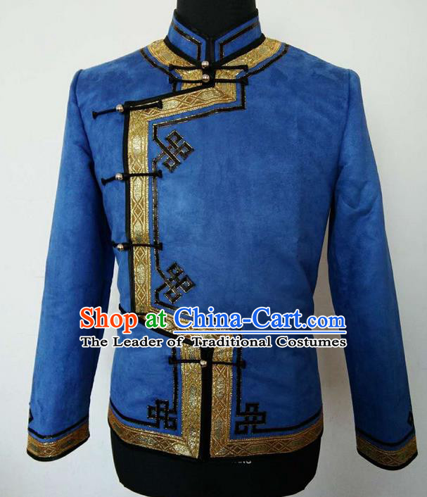 Traditional Chinese Mongol Nationality Dance Costume Handmade Blue Mongolian Coat, China Mongolian Minority Nationality Shirt Clothing for Men
