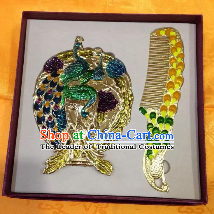 Traditional Handmade Chinese Mongol Nationality Crafts Yellow Hair Comb and Peacock Pocket Mirror, China Mongolian Minority Nationality Cloisonne Mirror for Women