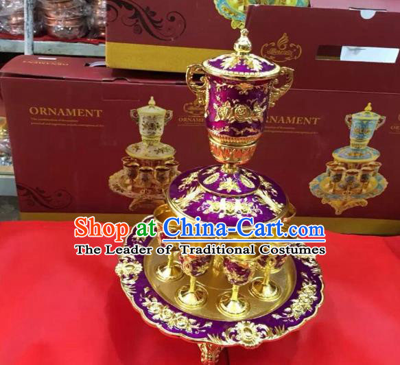 Traditional Handmade Chinese Mongol Nationality Crafts Purple Wine Set, China Mongolian Minority Nationality Cloisonne Carving Flagon and Drinking Cup