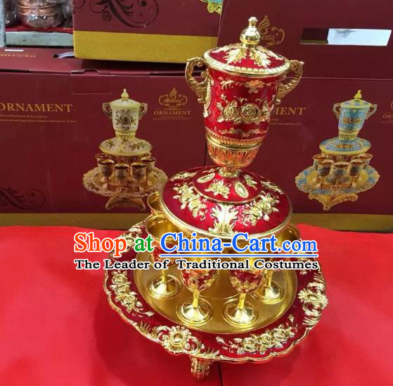 Traditional Handmade Chinese Mongol Nationality Crafts Red Wine Set, China Mongolian Minority Nationality Cloisonne Carving Flagon and Drinking Cup