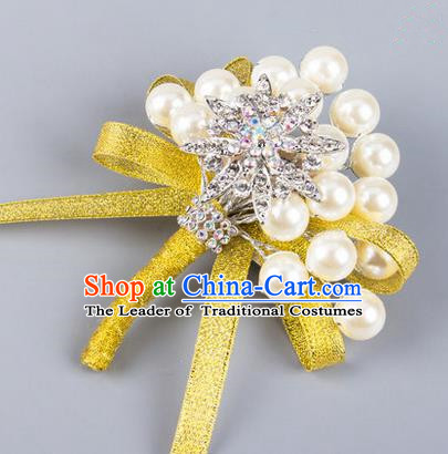 Top Grade Wedding Accessories Decoration Pearl Corsage, China Style Wedding Ornament Champagne Bride Bridegroom Yellow Ribbon Crystal Brooch