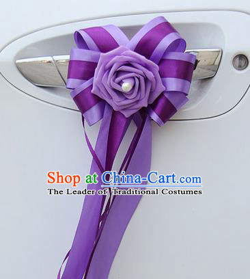 Top Grade Wedding Accessories Decoration, China Style Wedding Car Bowknot Purple Flowers Bride Purple Long Ribbon Garlands Ornaments