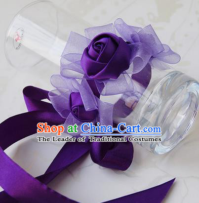 Top Grade Classical Wedding Ribbon Deep Purple Silk Flowers, Bride Emulational Wrist Flowers Bridesmaid Bracelet Flowers for Women