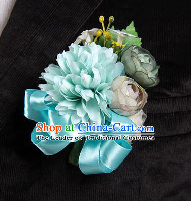 Top Grade Classical Wedding Blue Ribbon Silk Flowers,Groom Emulational Corsage Groomsman Brooch Flowers for Men