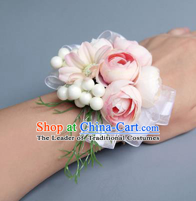 Top Grade Classical Wedding Light Pink Silk Flowers, Bride Emulational Wrist Flowers Bridesmaid Bracelet Flowers for Women
