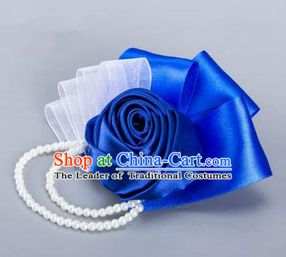 Top Grade Classical Wedding Royalblue Ribbon Flowers, Bride Emulational Crystal Wrist Flowers Bridesmaid Beads Bracelet Flowers for Women