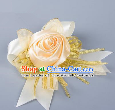 Top Grade Classical Wedding Champagne Silk Rose Flowers, Bride Emulational Corsage Bridesmaid Bowknot Ribbon Brooch Flowers for Women