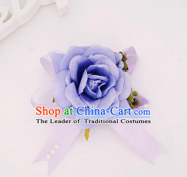 Top Grade Classical Wedding Lilac Silk Flowers, Bride Emulational Corsage Bridesmaid Bowknot Ribbon Brooch Rose Flowers for Women