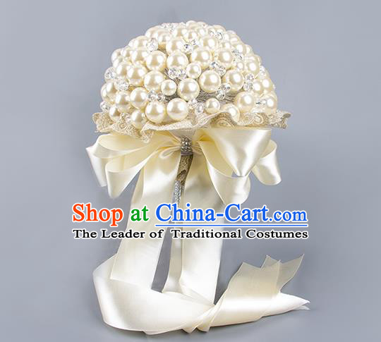 Top Grade Classical Wedding Bride White Ribbon Holding Emulational Crystal Flowers Ball, Hand Tied Bouquet Pearls Flowers for Women