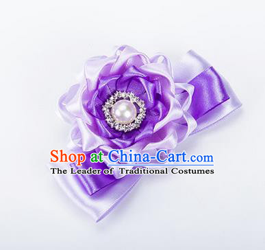Top Grade Classical Wedding Lilac Ribbon Silk Bangle Flowers, Bride Emulational Wrist Flowers Bridesmaid Bracelet Pearl Flowers for Women