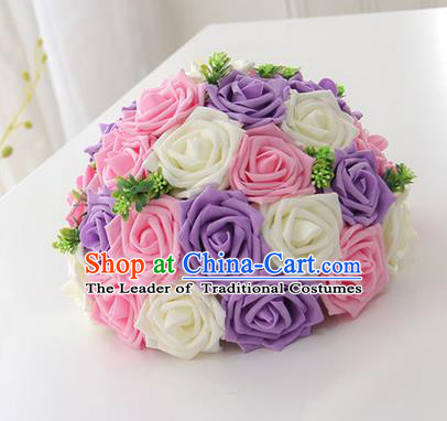 Top Grade Classical Wedding Purple and Pink Flowers, Bride Holding Emulational Flowers, Hand Tied Bouquet Flowers for Women