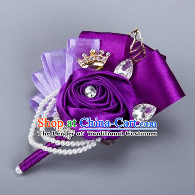 Top Grade Classical Wedding Purple Ribbon Flowers, Bride Emulational Corsage Bridesmaid Crystal Brooch Flowers for Women
