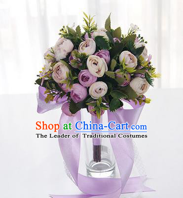 Top Grade Classical Wedding Purple Ribbon Silk Flowers, Bride Holding Emulational Flowers, Hand Tied Bouquet Flowers for Women