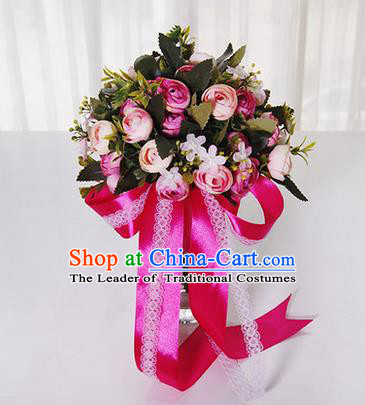 Top Grade Classical Wedding Rosy Ribbon Silk Flowers, Bride Holding Emulational Flowers, Hand Tied Bouquet Flowers for Women